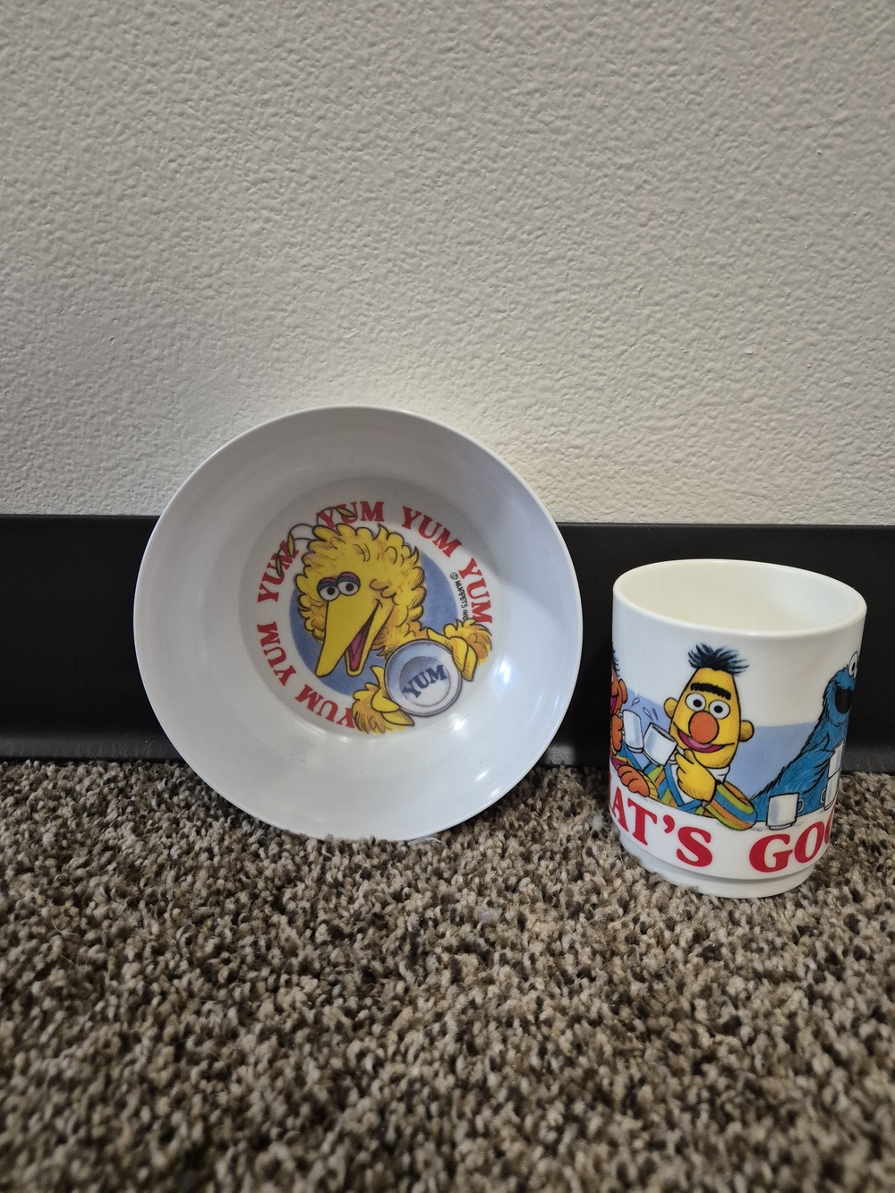 VTG Sesame Street Melamine Set - Big Bird Yum Bowl & Bert/Ernie Mug Peter Pan